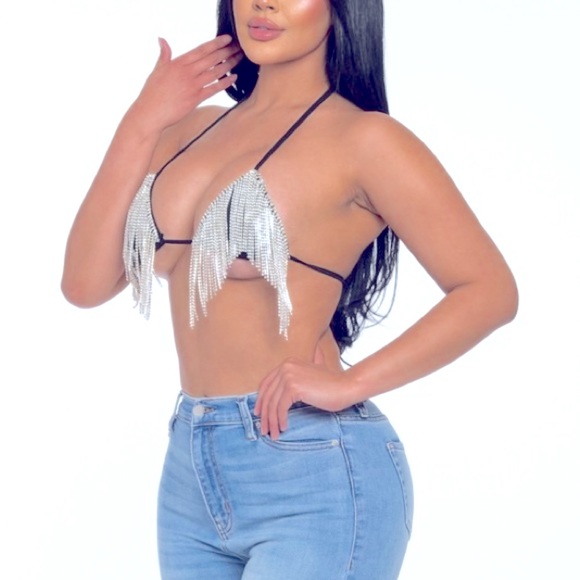 Dazzling Rhinestone Embellished Black Triangle Cascading Bikini Top Bustier - Picture 3 of 5